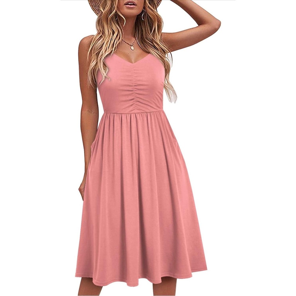 Womens Coral Pink Sleeveless Ruched V-Neck A-Line Sundress Pockets XL Beachy